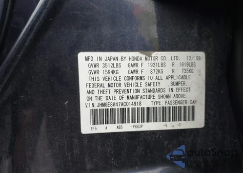 2010 Honda Fit Sport from USA, damaged, VIN JHMGE8H47AC014918